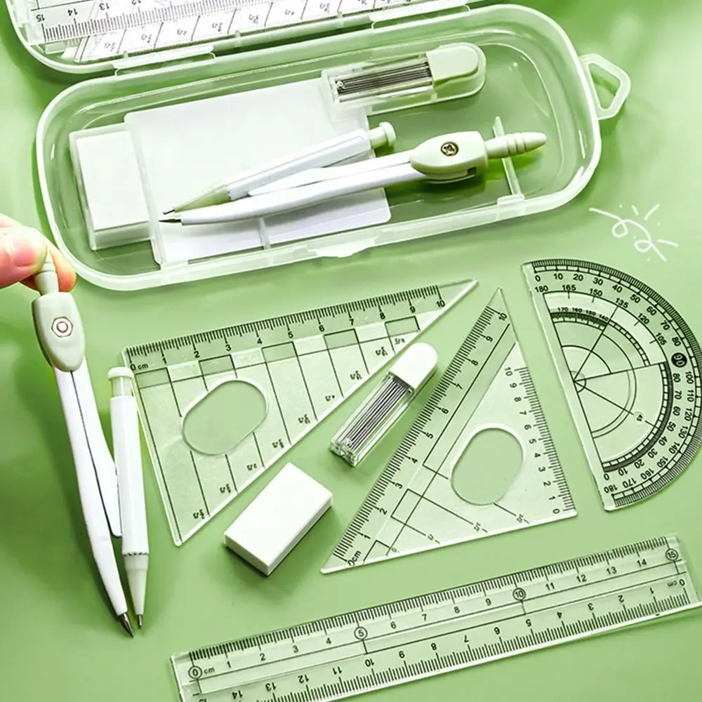 8PCS/Set Plastic Ruler Compasses Set Eraser Straight Ruler Protractor Set Square Transparent Drawing Tool School Office