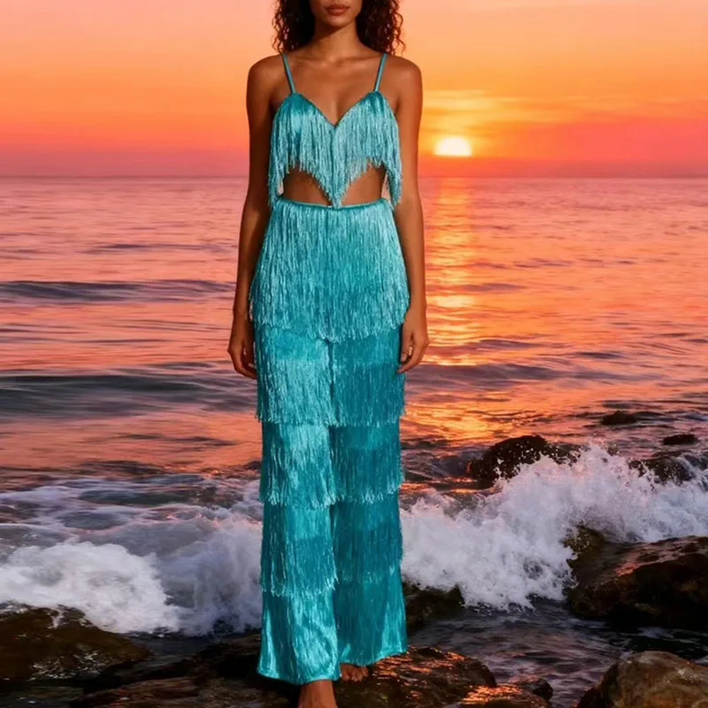 

Trendy Design Style Pure Color Streetwear Elegant Sleeveless Hollow Out Commute 2pc Set Sexy V-neck Tassel Halter Vest&Pants Set