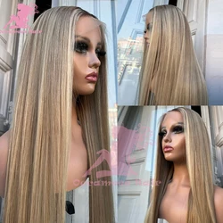 Blonde Highlights brown human hair lace frontal wig Straight Brazilian Virgin Hair Hd Transparent Full Lace Wigs For Women Pre P