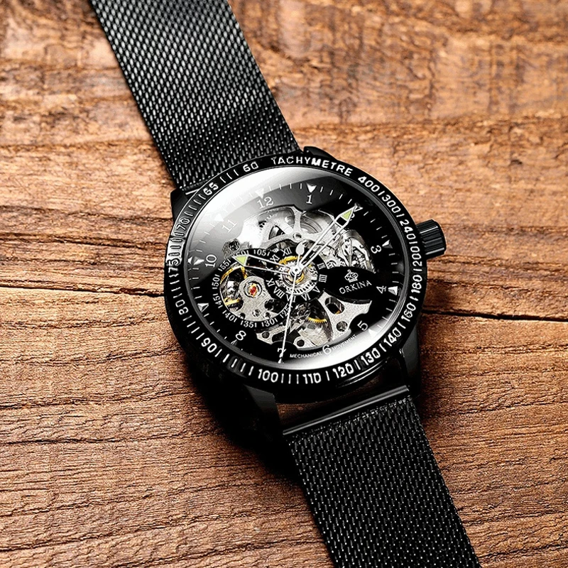 Fashion Military Automatic Watch For Men Skeleton Mechanical Watches Luxury Brand Stainless Steel Black Strap Reloj Hombre
