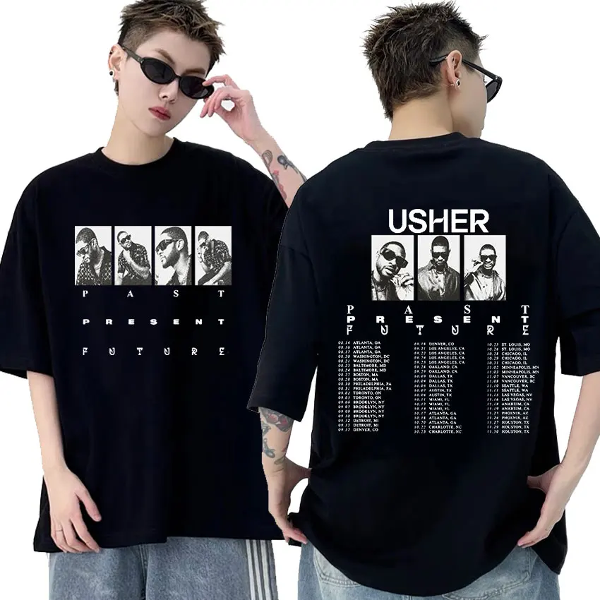 

Retro Rapper Usher Past Present Future Tour 2024 Album T Shirts 90s Men's Hip Hop Fashion Short Sleeve T-shirt Gothic Streetwear