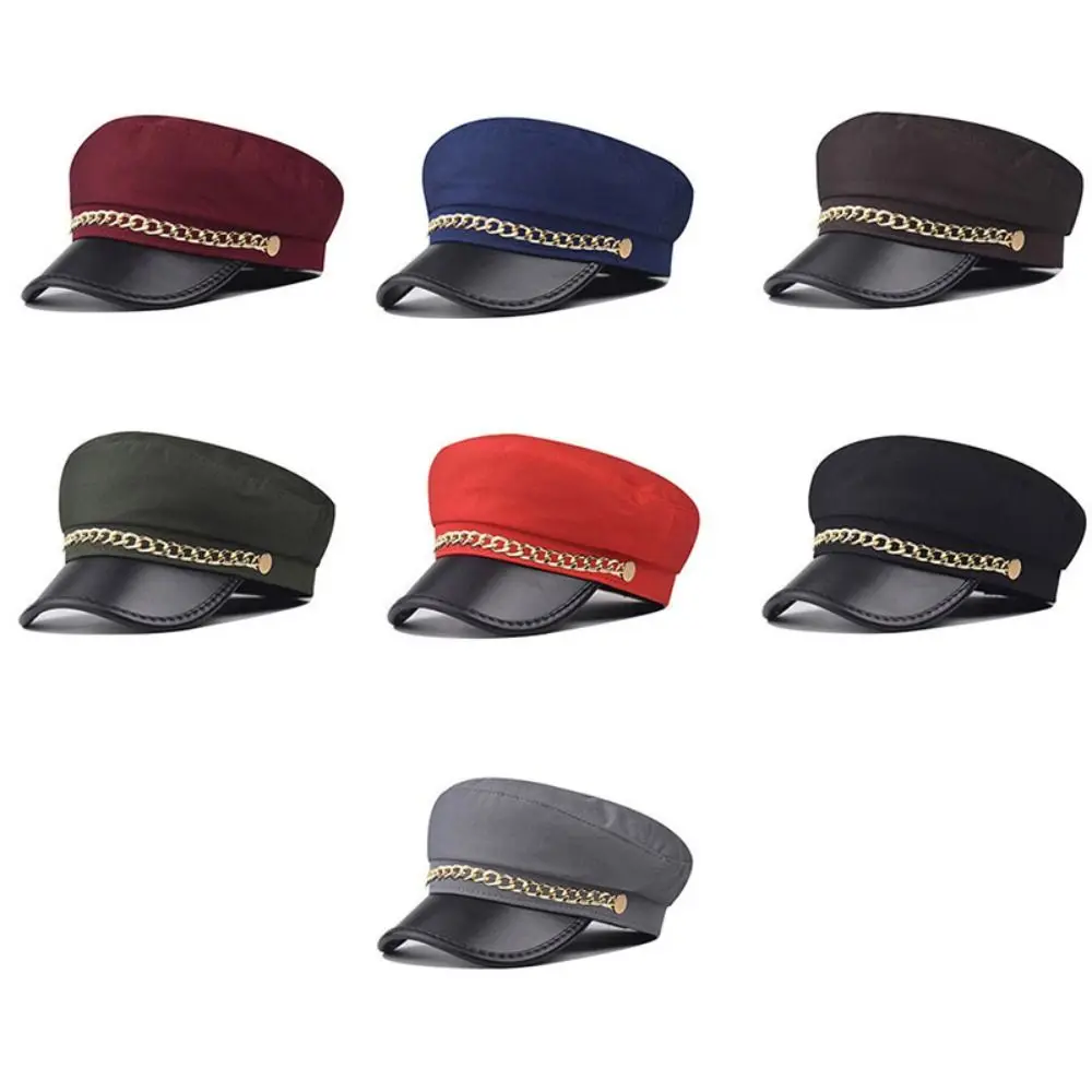 Retro Gold Chain Decor Newsboy Cap Short Brim Adjustable Beret Hat PU Leather All-Match Peaked Cap Autumn Winter