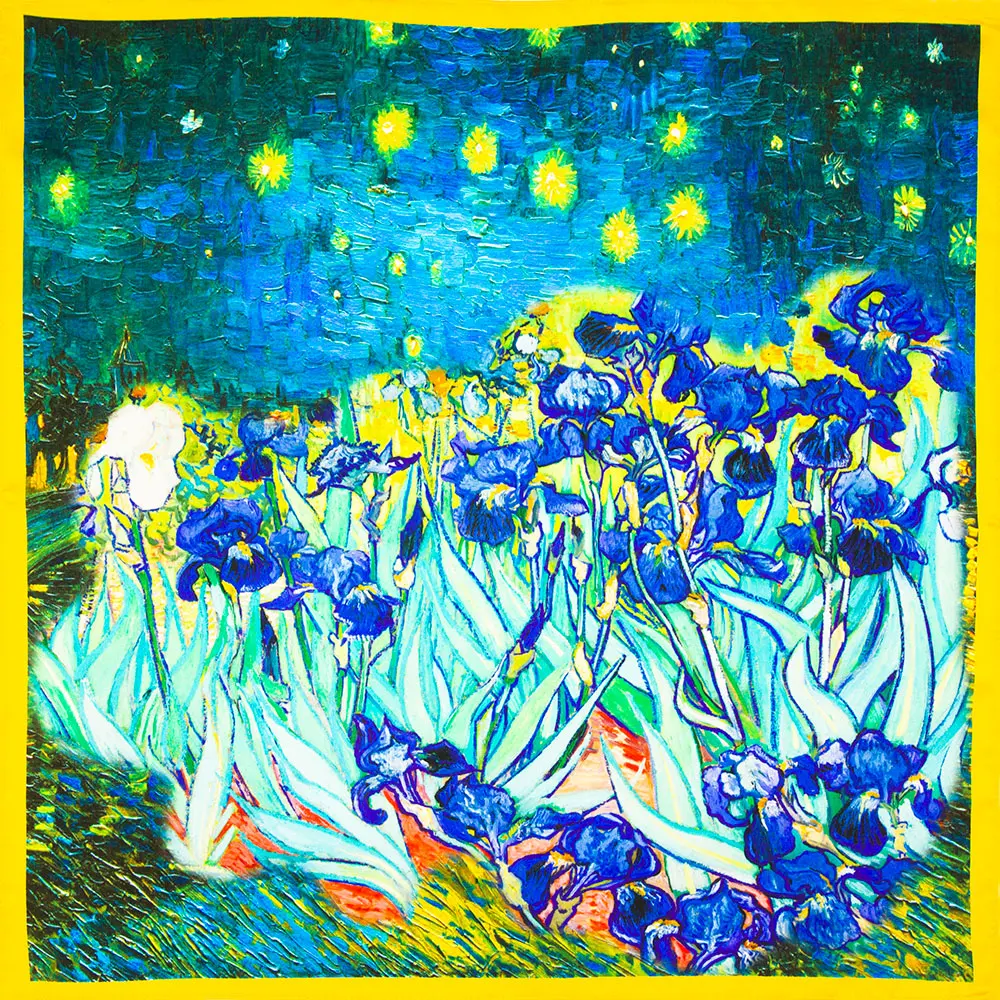 53cm 100% Pure Silk Bandana Women Van Gogh Art Hair Scarf Female Headband Natural Silk Handkerchief Men Pocket Square Lady Gift