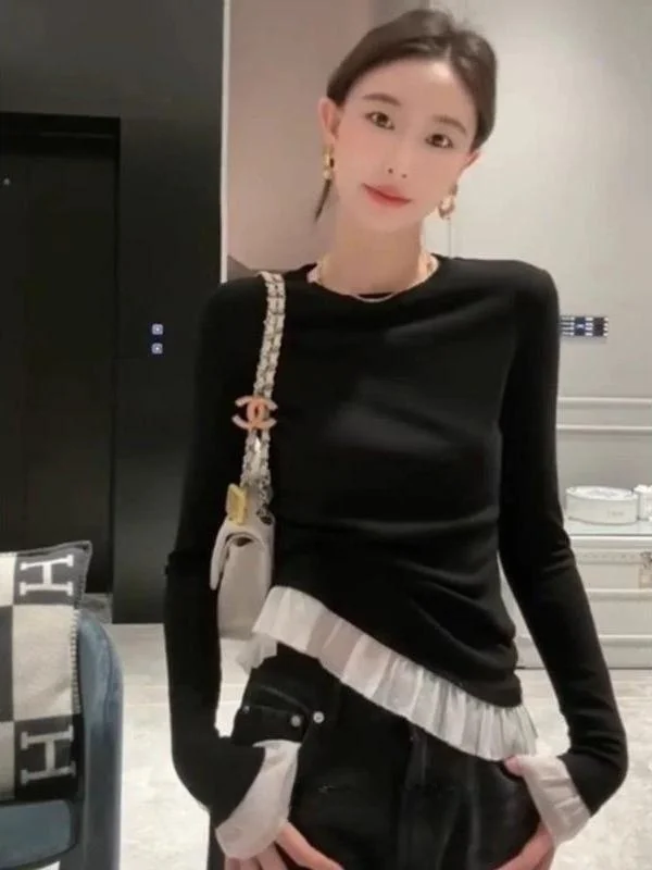 Elegant Lace Trim Knitted Long Sleeve Loose Woolen Sweater Women's Soft Comfortable round Neck Slim Fit Base Layer Top