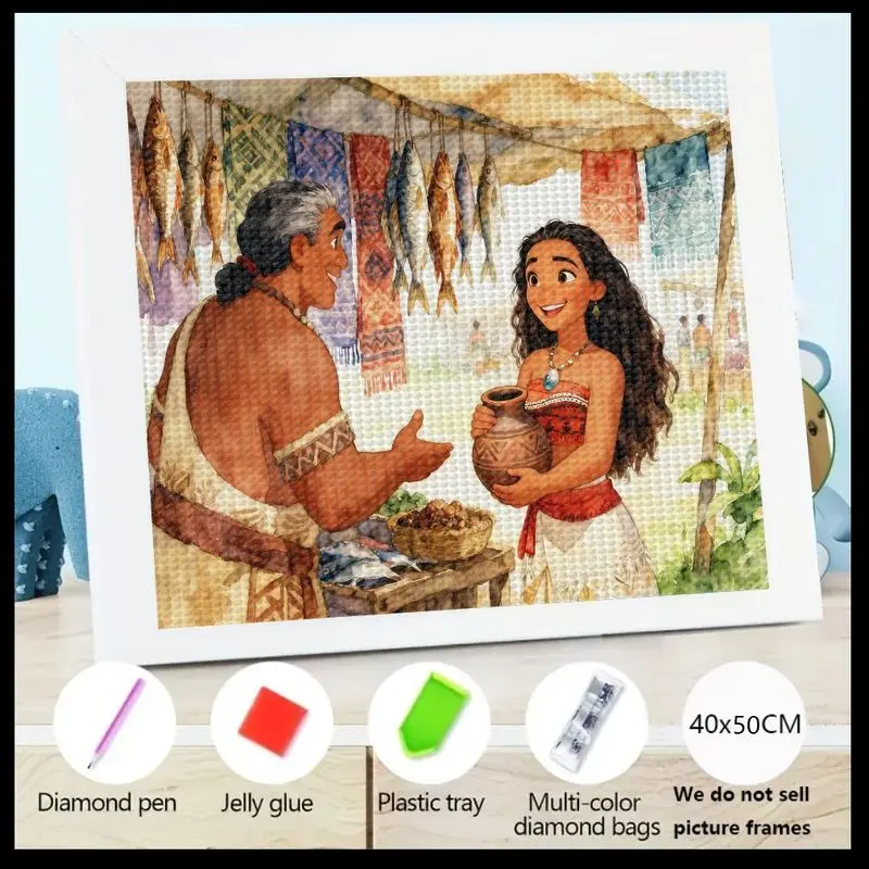 

1PC DIY Disney Moana Princess 5D Diamond Painting Kit, Full Drill Round Crystal Rhinestone Cartoon Art Set, 40x50CM Tropical Mar
