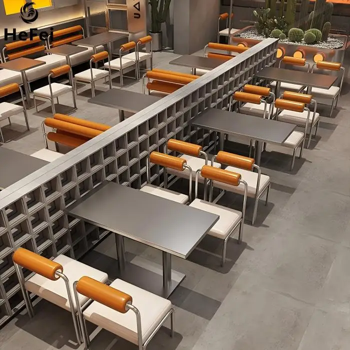 Custom Stainless Steel Wall-Mounted Booth Sofas Industrial Style Themed Restaurant Table and Chair Sets for Commercial Use