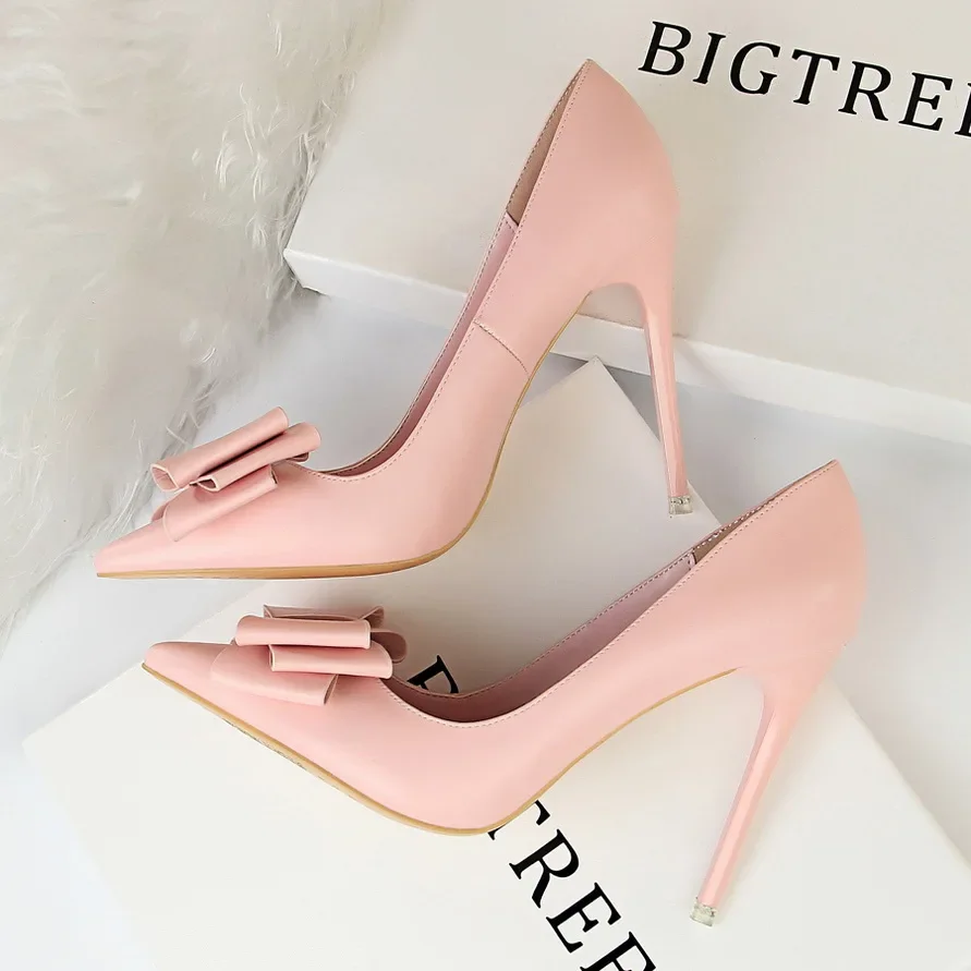 BIGTREE Spring Summer Heels Shoes Pink Woman Baby Blue Sweet Bow Women High Heels Matte Leather Pumps Lady Thin Heel Pointed 34