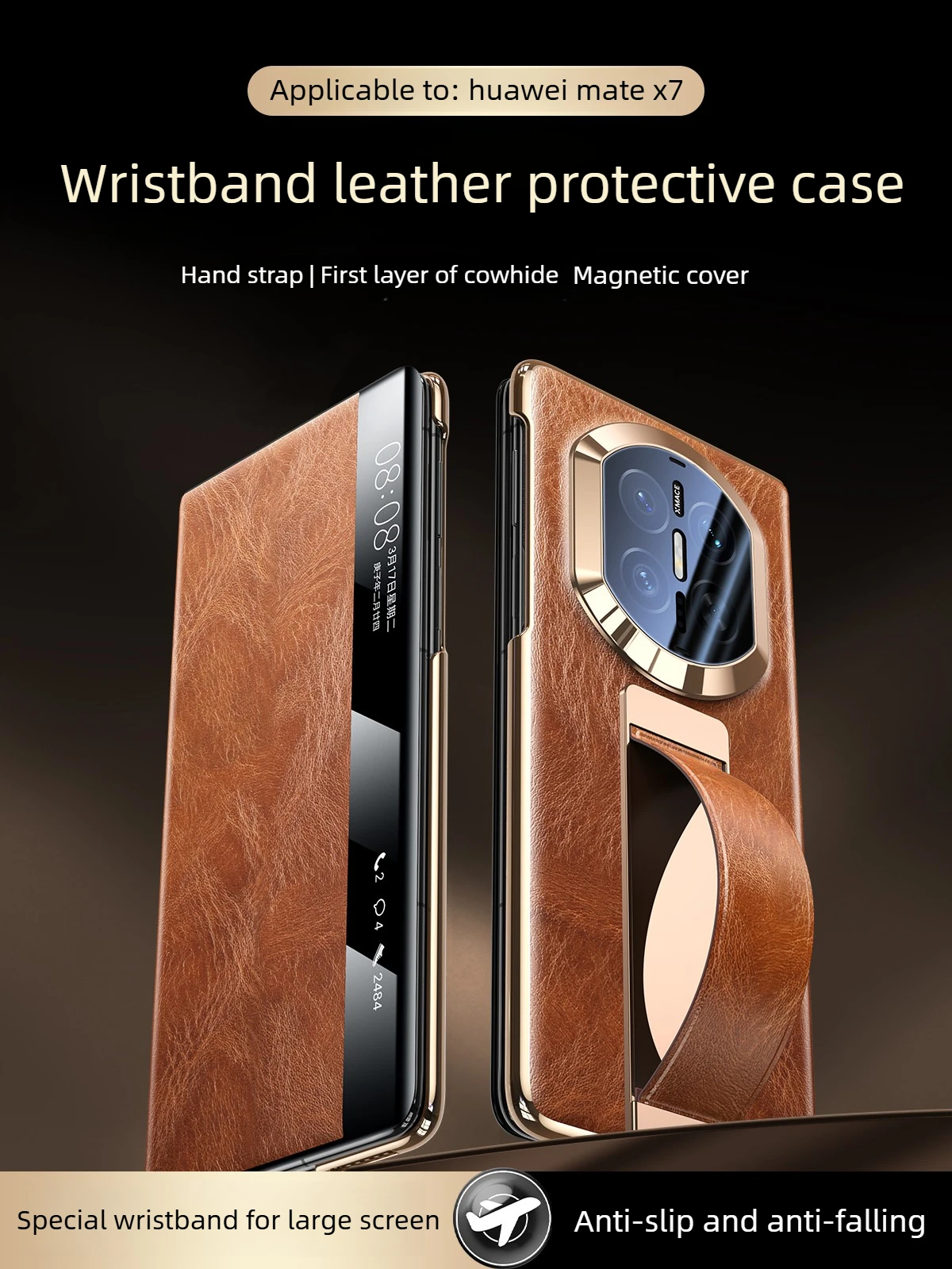 

Smart genuine leather case for huawei mate x7 case magnetic flip oil wax leather case funda mate x6 with wrist strap ring holder