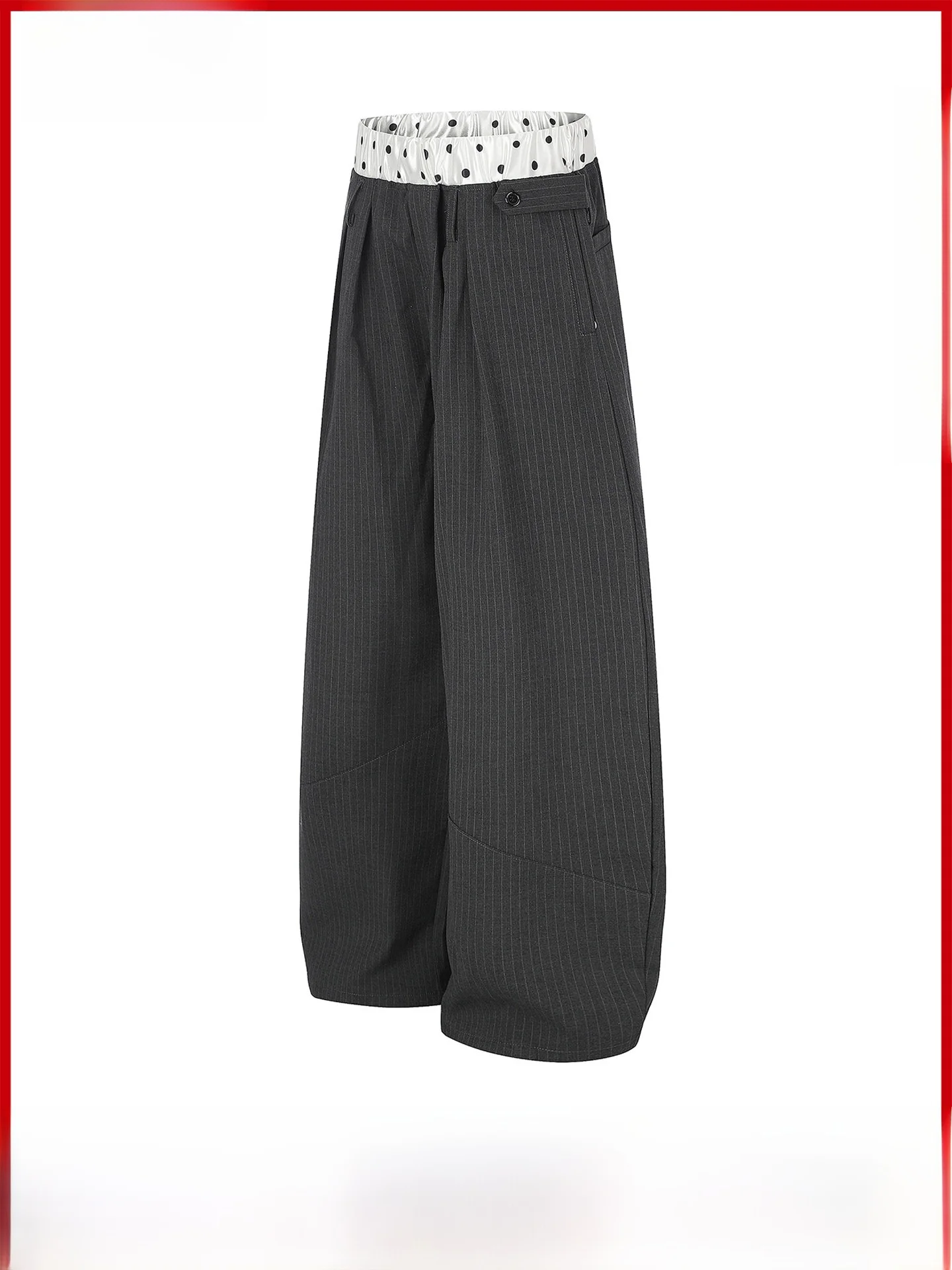 Korean Style Retro Polka Dot Satin Double Waistband Men's Wide Leg Pants Non-matching Design Fashionable Business Casual Trou...