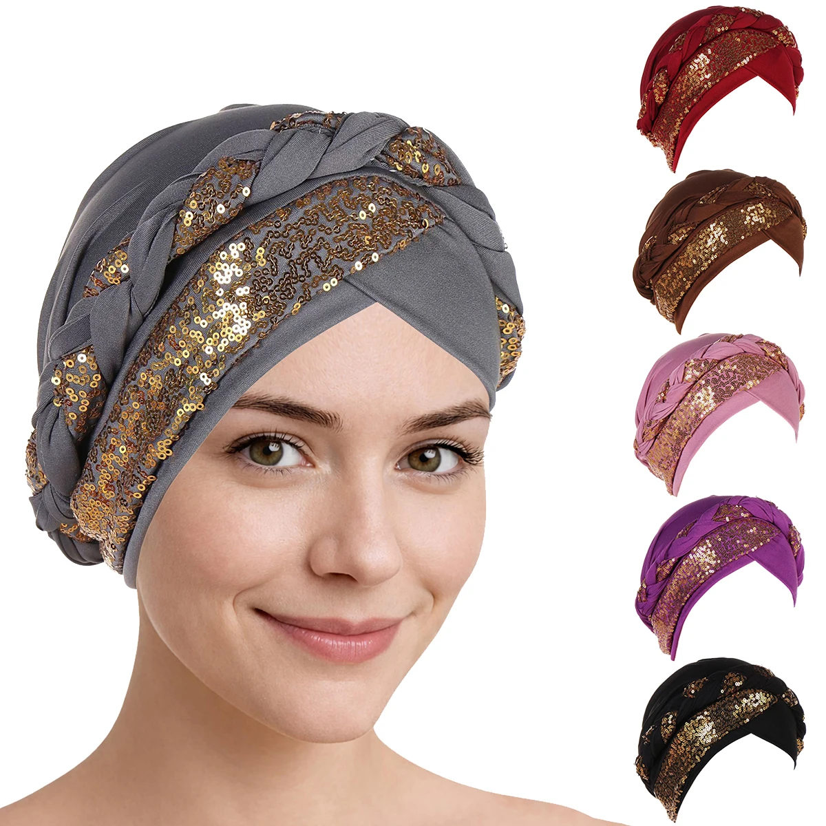 

Multicolor Sequins Muslim Braids Headwrap Bonnet Hijab Turban Caps Women Chemo Hat Head Scarf Female Hair Loss Cover Beanies Cap