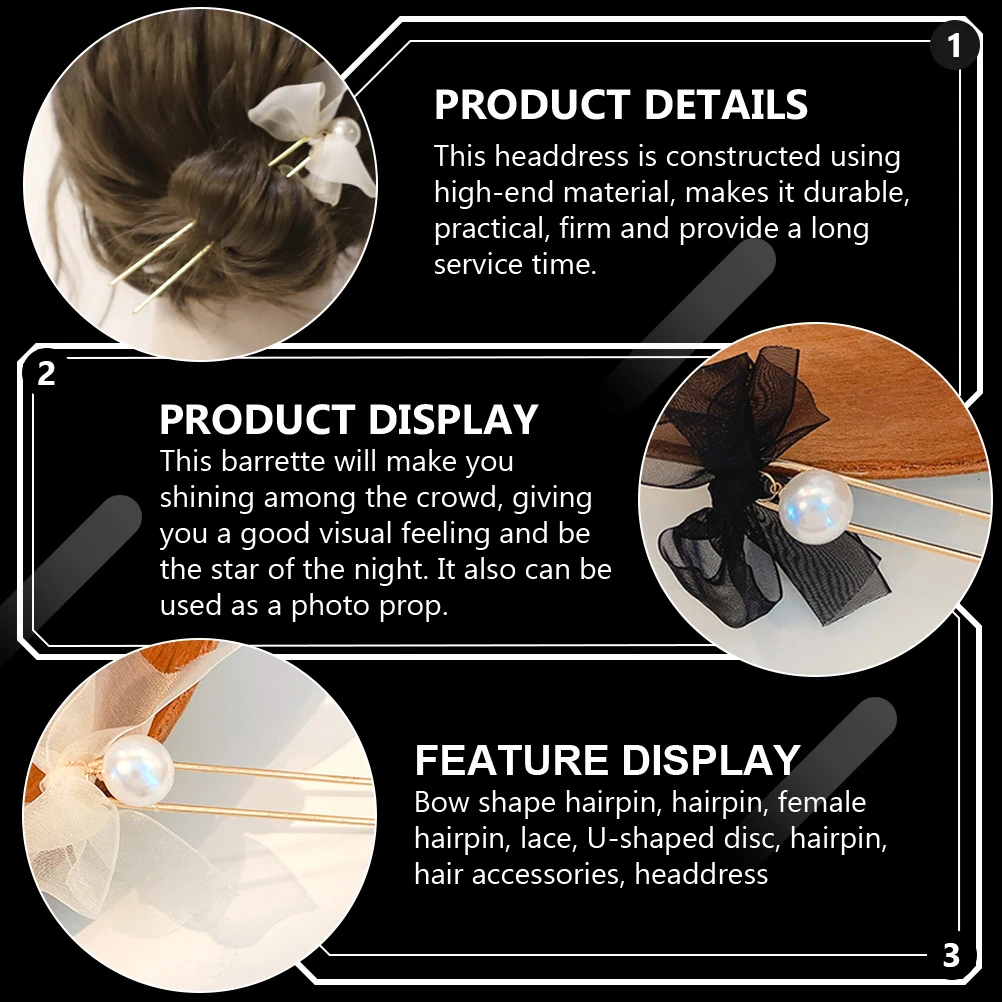 

2pcs U Shape Hairpins Elegant Bow Barrettes Lace Headdresses Chinese Style Hair Clasp Lightweight Hair Trinkets For Party