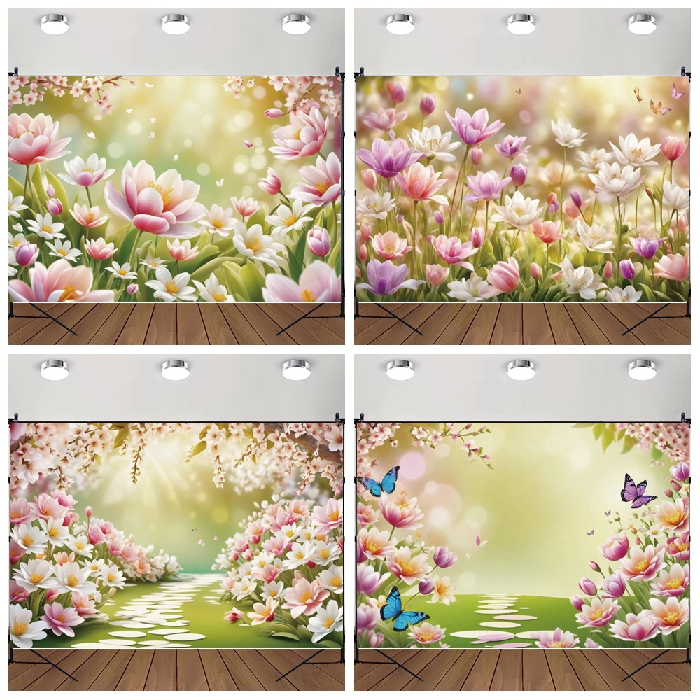 

MOON.QG Floral Spring Background Pastel Flower Beds Glowing Sunbeams Blossoms Backdrops For Photography Kids Wall photozone