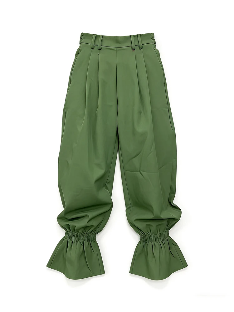 Beautyblue – pantalon taille haute décontracté pour femmes, jambes larges, avec poche, détail plissé, garniture à volants, couleur unie, bas vert