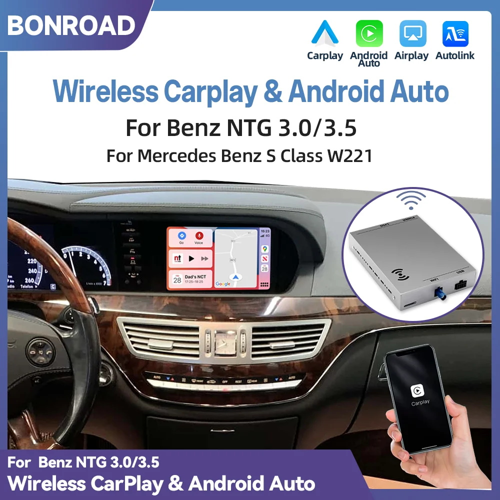 Module CarPlay sans fil BONROAD pour Mercedes Benz Classe S W221 NTG 3.0 NTG 3.5 2006 2007 2008 2009 2010 2011 2012 Mirrorlink BT Navigation Boîtier décodeur intelligent