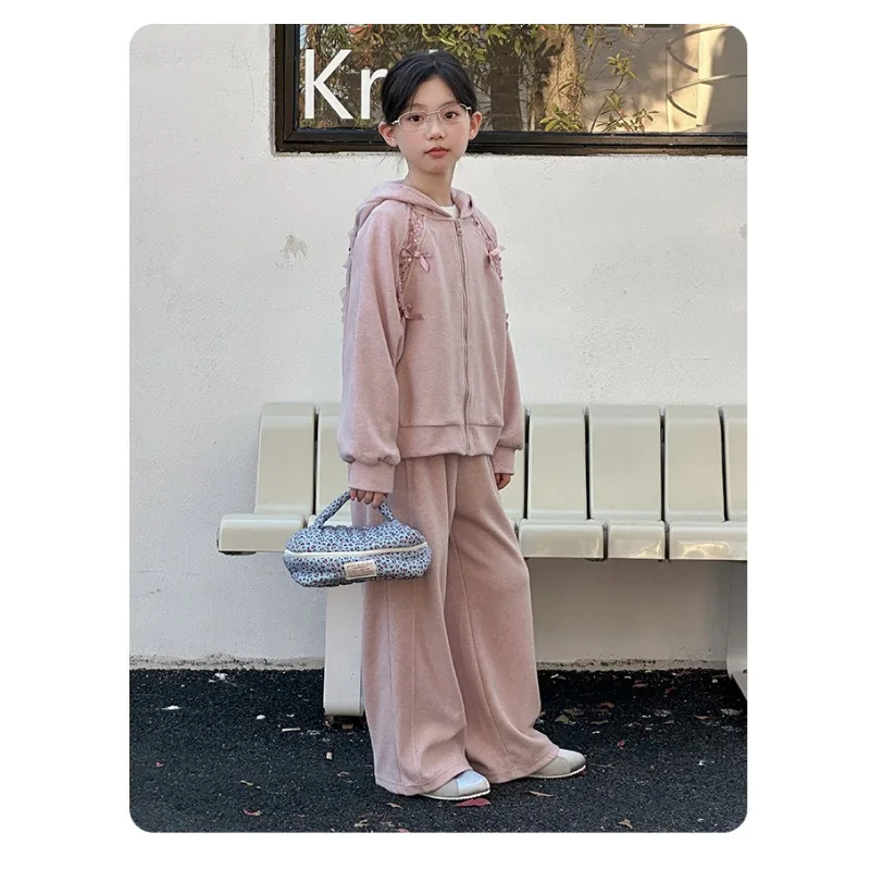 طقم هوديي كاجوال جديد لخريف وشتاء 2025 للفتيات مع مخمل مضاف وسمك سميك، سروال مريح واسع الساق #4