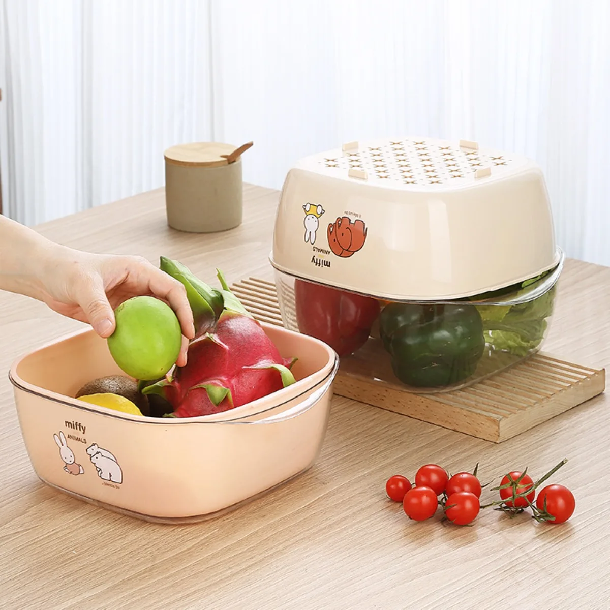 Kawaii Miffy Rabbit Draining Basket for Home Kitchen Vegetable Washing Sand Filtering Fruit Rinsing Plastic Draining Basket