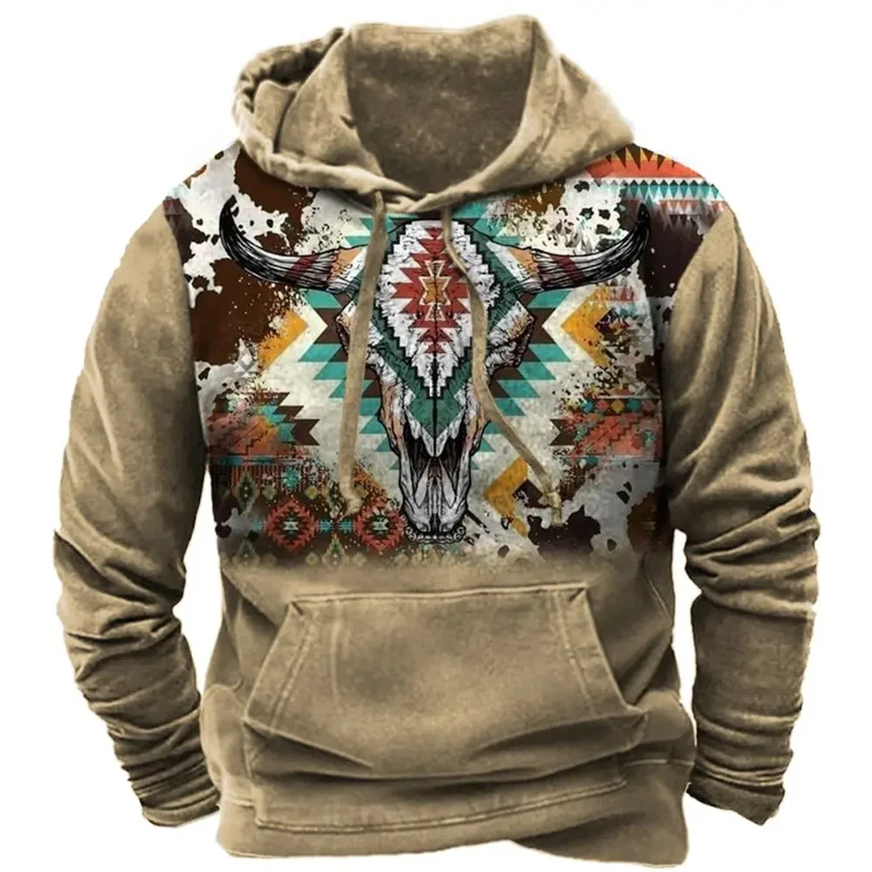 North America Demon Wendigo Print Hoodies Western Cowboy Hooded Sweatshirts Daily Casual Oversized Pullovers Vintage Streetwear