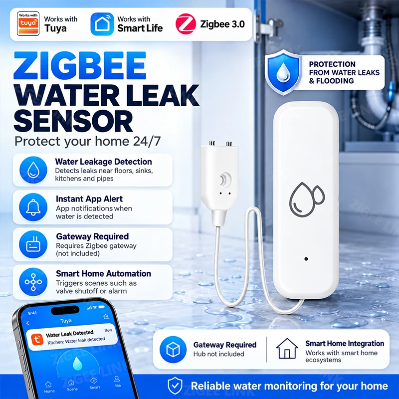 Zigbee Water Leakage Alarm Sensor Smart Water Leak Detector With External Probe For Basement Bathroom Kitchen Gateway Required
