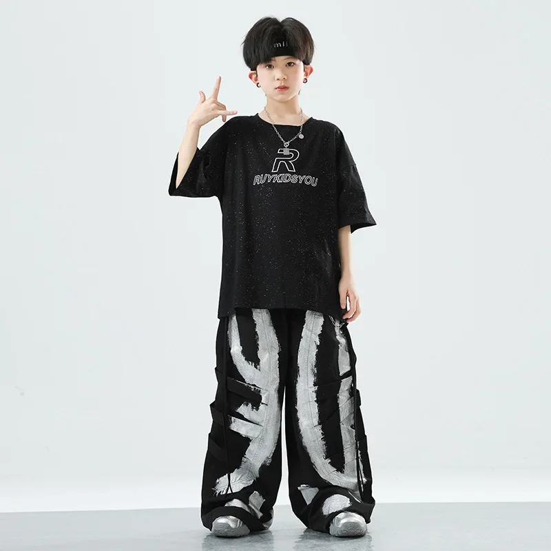 Hip Hop Girls Fashion Crop Top Loose Graffiti Pants Child K-pop Streetwear Girl Group Clothes Set Kids Jazz Street Dance Costume