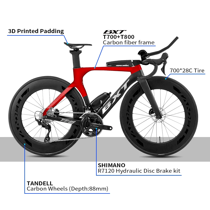 BXT Carbon TT bici Freno a disco TT Bicicletta Time Trial Bike Bicicletta completa con gruppo 105 con set di ruote in fibra di carbonio 2X11 velocità