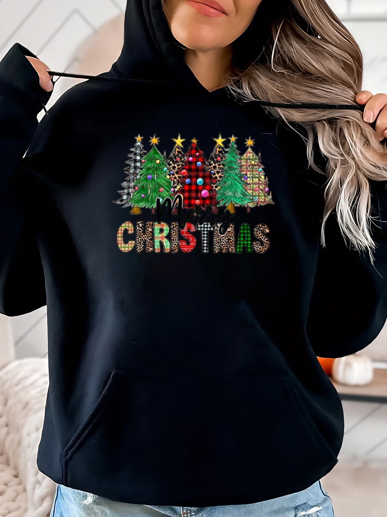 Sweat à capuche imprimé arbres de noël joyeux et lumineux pour femmes, tenue décontractée de vacances, noir, grande taille