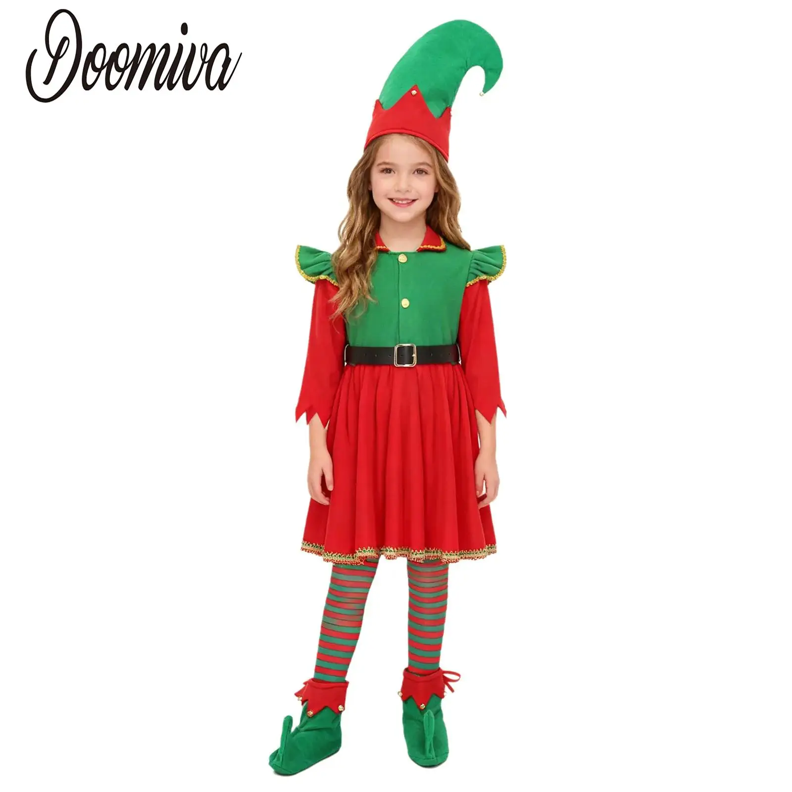 

Girls Christmas Elf Costume Set Santa Helper Dress Role Play Outfits Socks Hat Elf Shoes Set for Xmas Themed Parties Performance