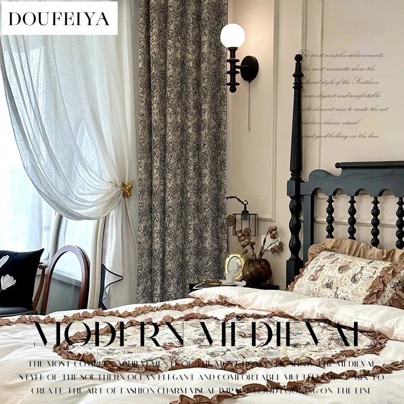 

French Retro Black Luxury Curtains for Living Room Bedroom Dining Thickened Jacquard Chenille Blackout Window Decor Elegant