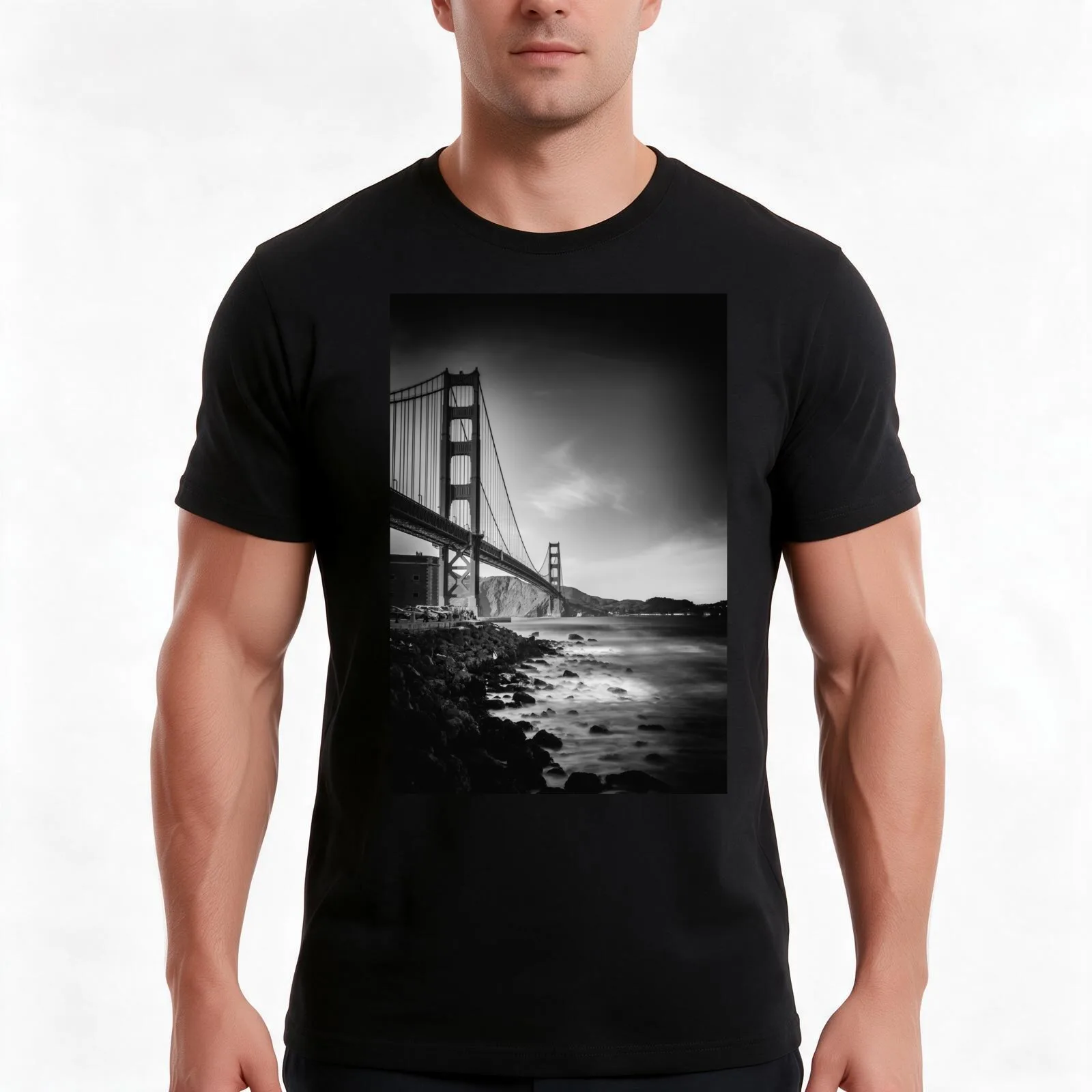 Aligned the Golden Gate Bridge in black and whiite T-Shirt, Summer Casual Cotton Tee, Oversized Streetwear Tops, 100% Cotton