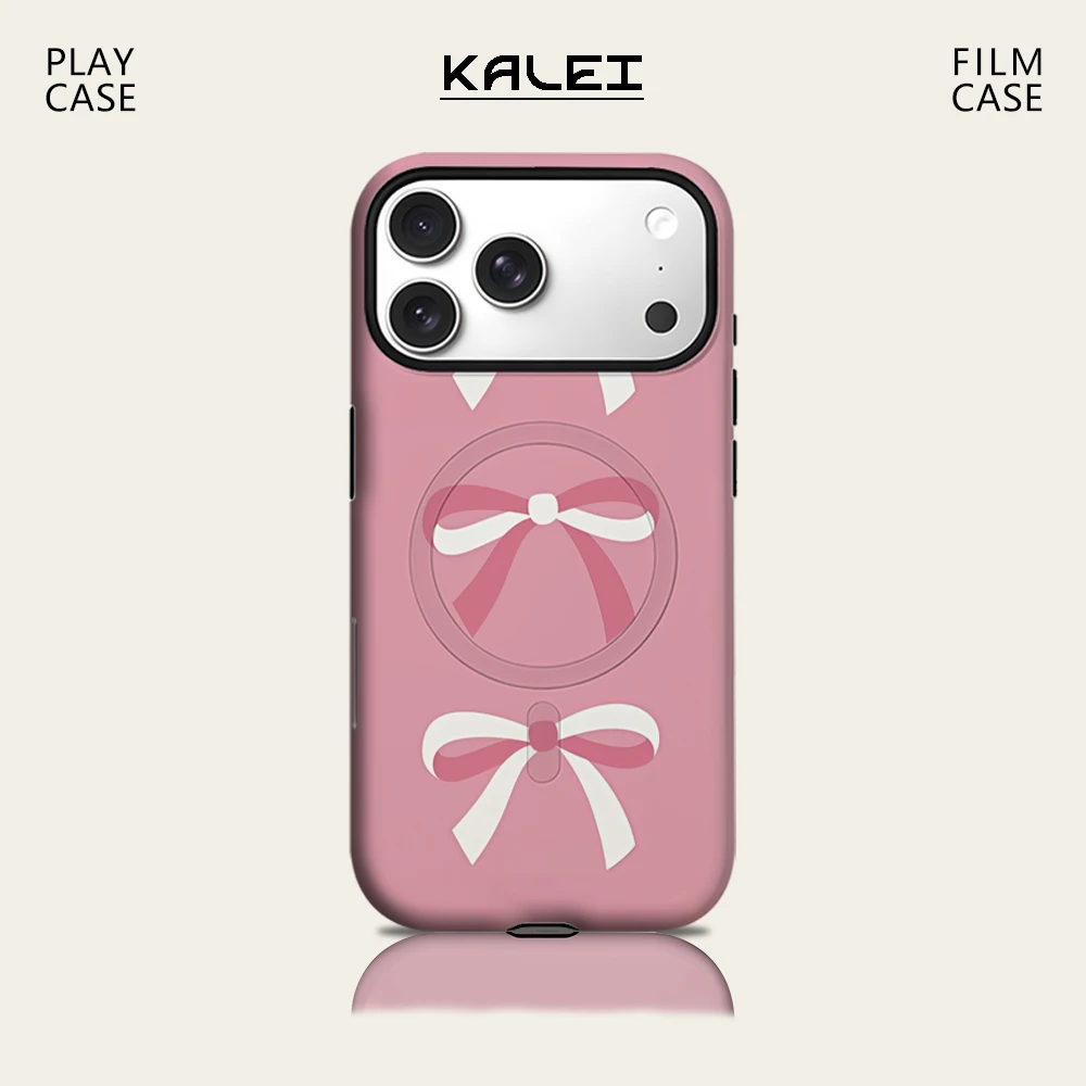 Handyhülle mit rosa und weißer Schleife für iPhone 17 16 15 14 13 Pro Max Plus für magnetische, einzelne, doppelschichtige, robuste Hülle