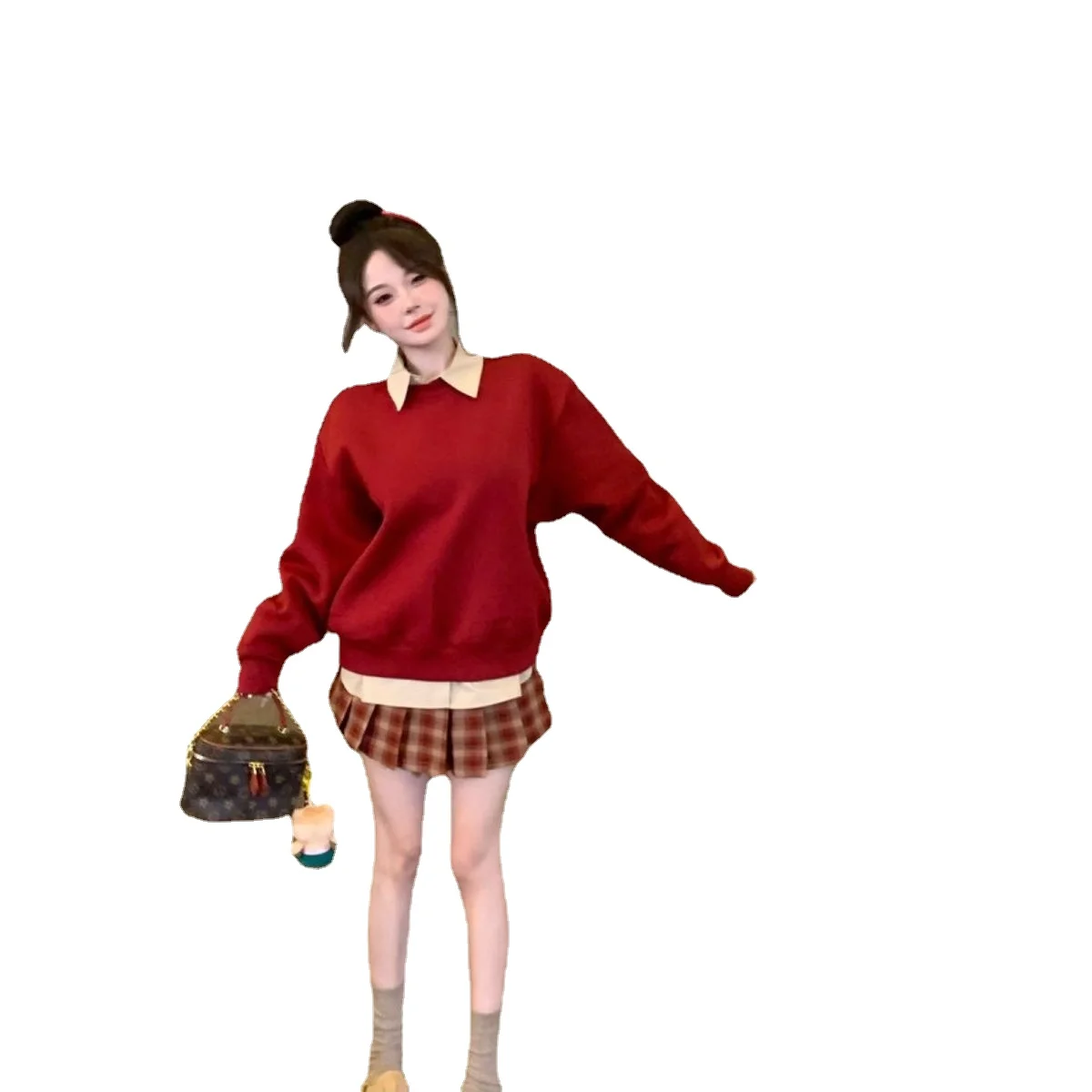 Sweet Style Set Polo Collar Shirt + Early Autumn Long Sleeve Knit Sweater + Women's Plaid Pleated Skirt Three Piece Set