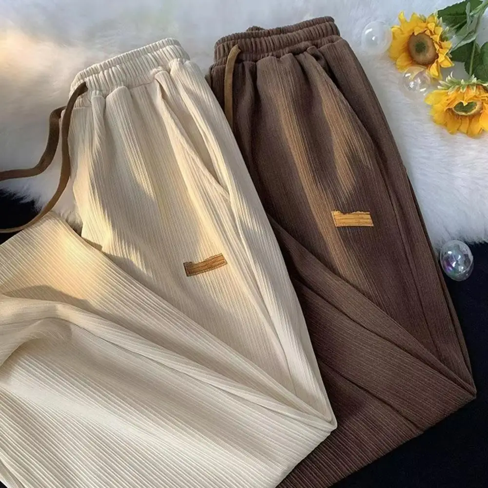 Ribbed Ice Silk Men Pants Korean Style Fast Drying Casual Trousers Drawstring Pockets Thin Casual Sport Long Trousers Streetwear