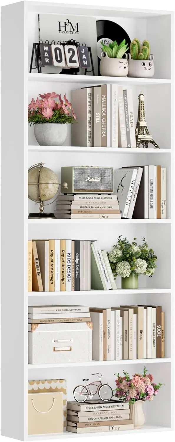 

6-Tier Open Bookcase, Freestanding White Bookshelf for Bedroom, Living Room, Office