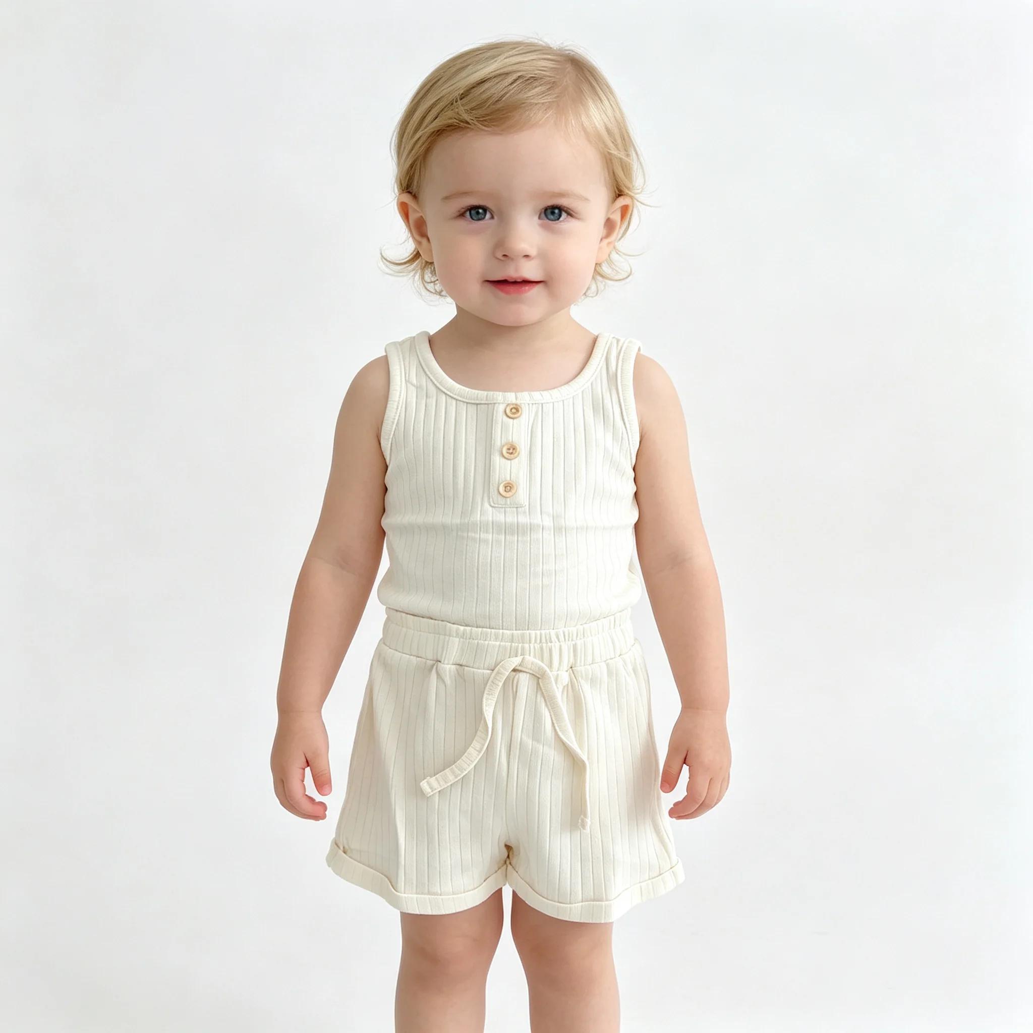 Toddler Girls 2Pcs Summer Outfit Sets Solid Button Vest Ribbed Drawstring Shorts Suits