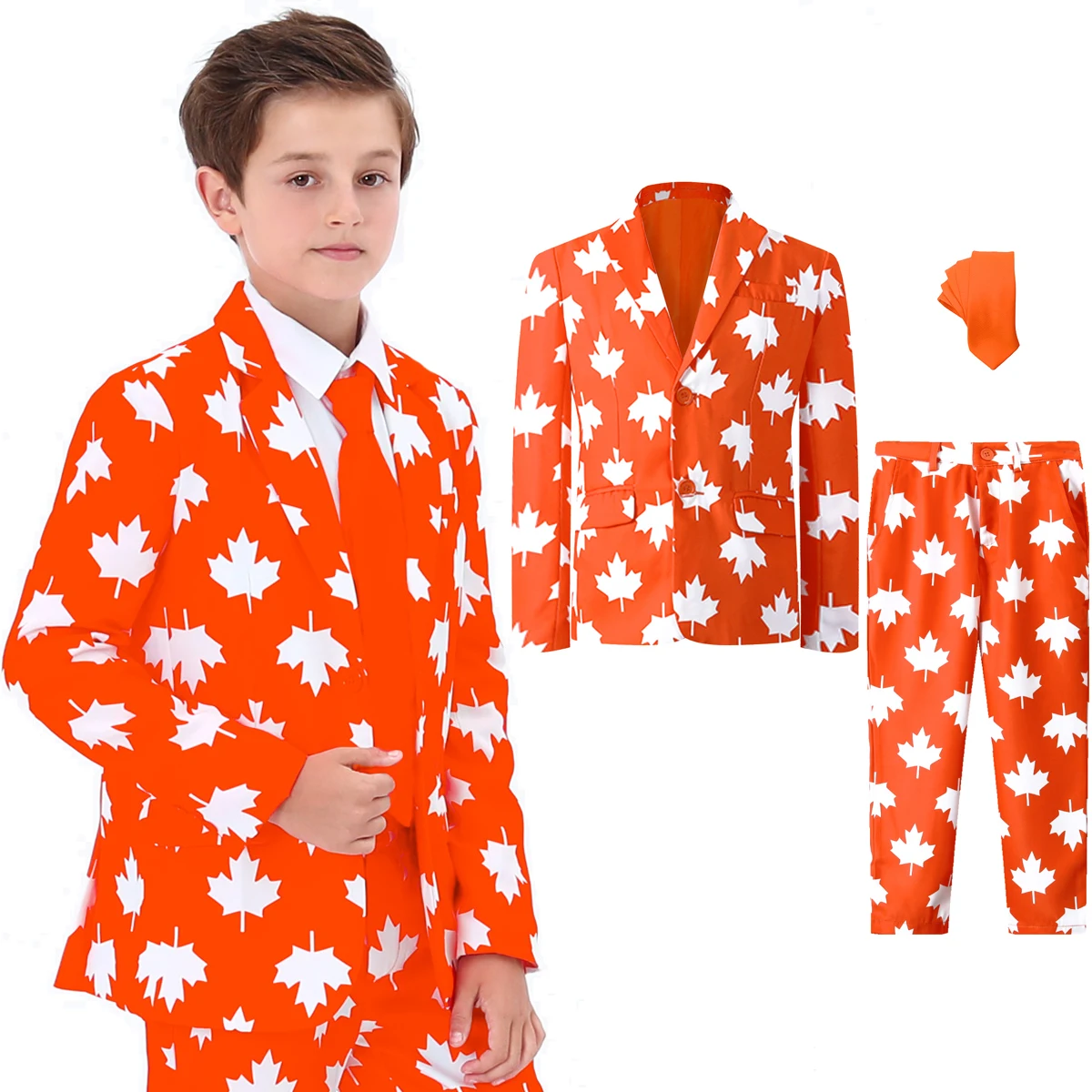 

Kids Suit for Boys 1st July Patriotic Canada Flag Day Children Maple Leaf Printed Formal Outfits Classic Jacket Pants & Tie 3PCS