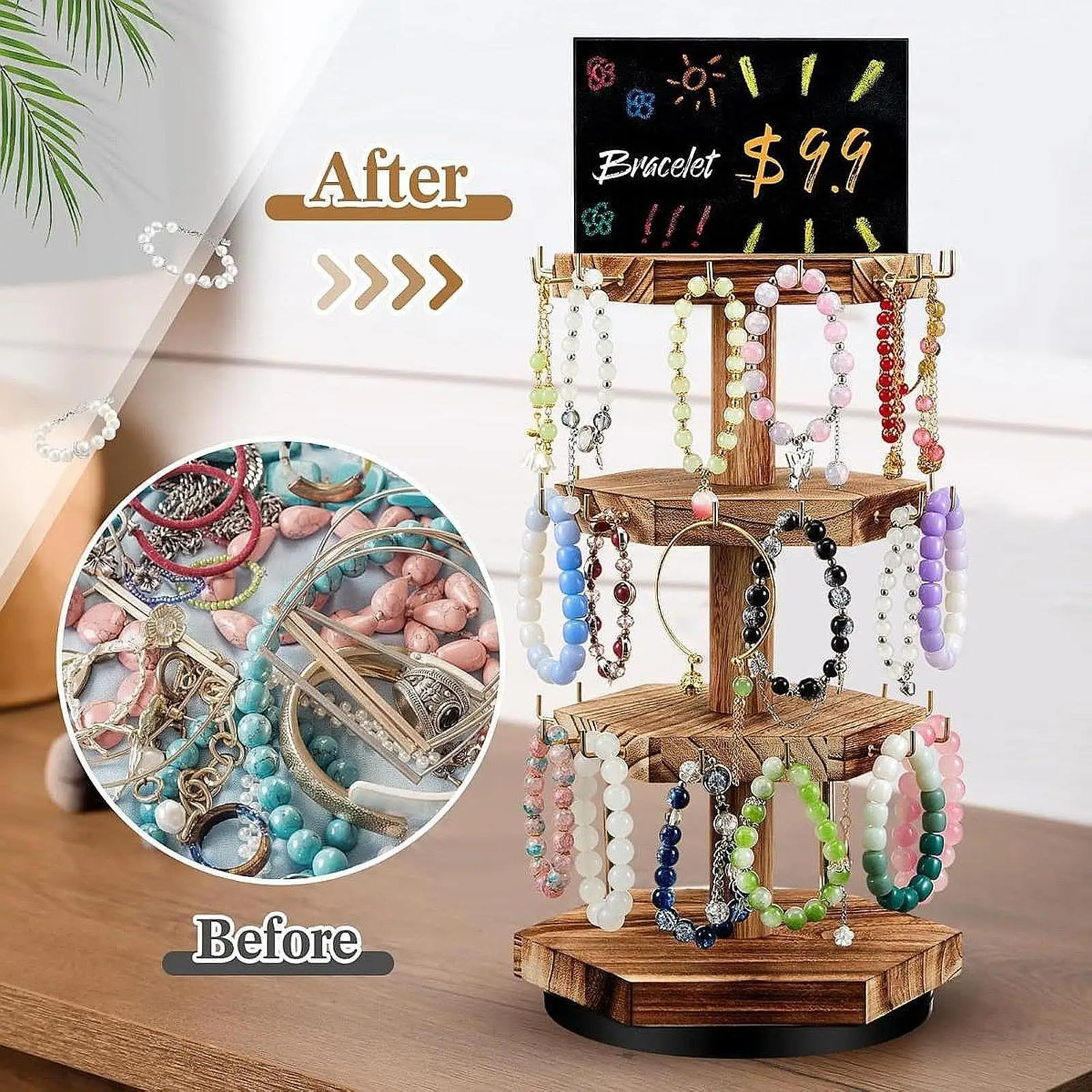 

Rotating Jewelry Organizer Ornament Centerpiece Versatile Wooden Display Holder for Rings Bracelets Necklaces Selling Store