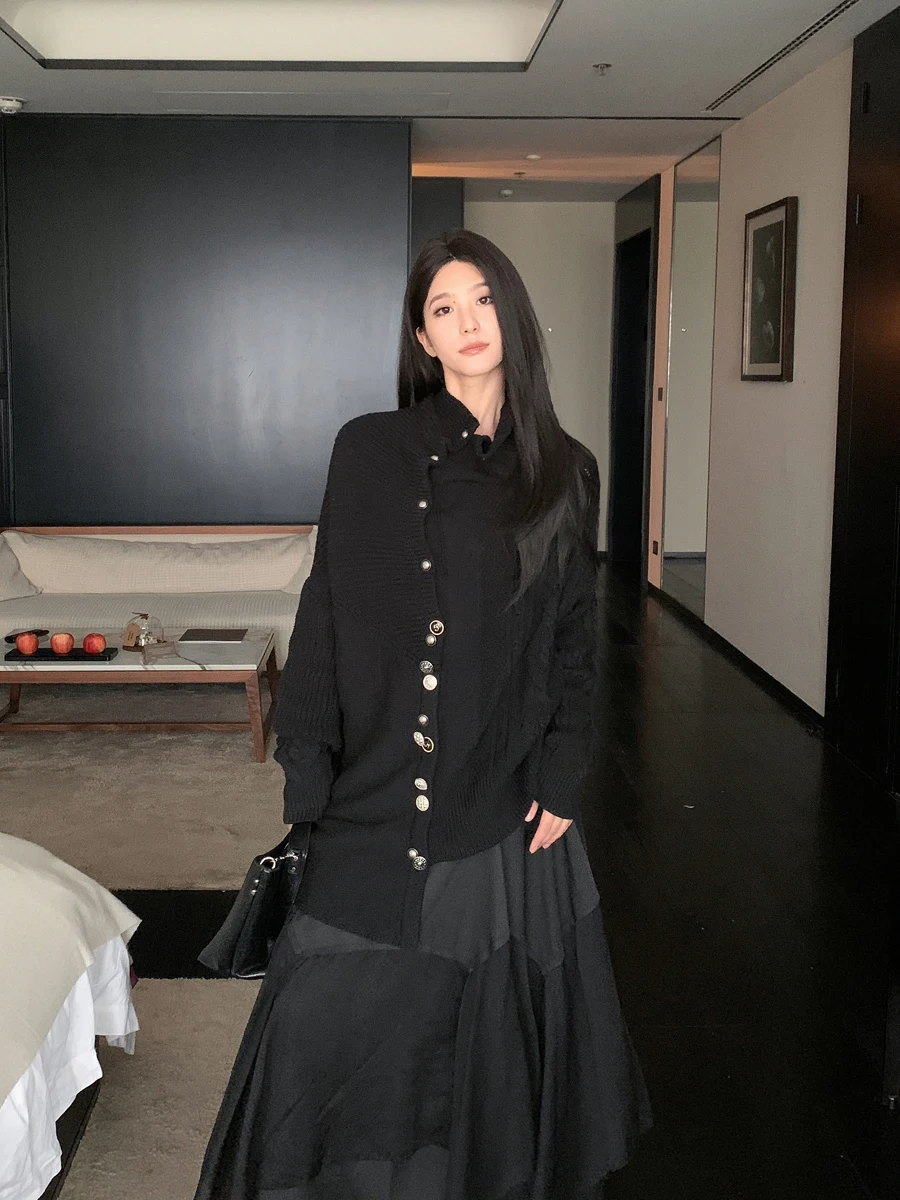 

SMBL RAIN Bla Knitted Sweater Women's Spring Faion Multi-Bule Design Sweater Cardigan Coat Sweet Sle Medium Length