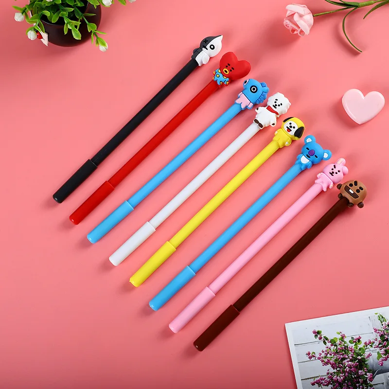 

8pcs/set Stationery Cute Cartoon Bt21 Soft Rubber Black Neutral Pen Office Carbon Water Pens Students Gifts