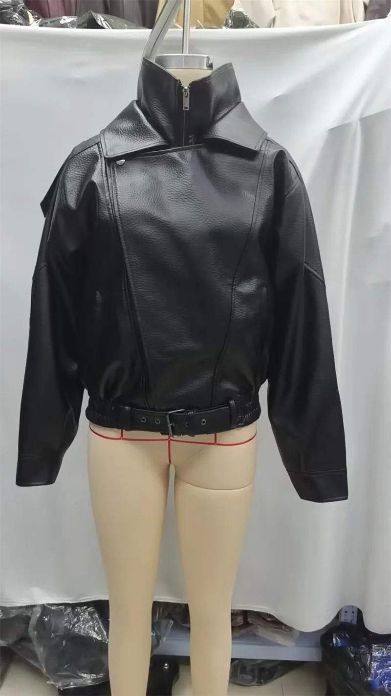 Guobioziy 2026 Fall New Women's Jacket 2026 Fall New Release Loose Faux Leather Biker Jacket Parka European and American Style