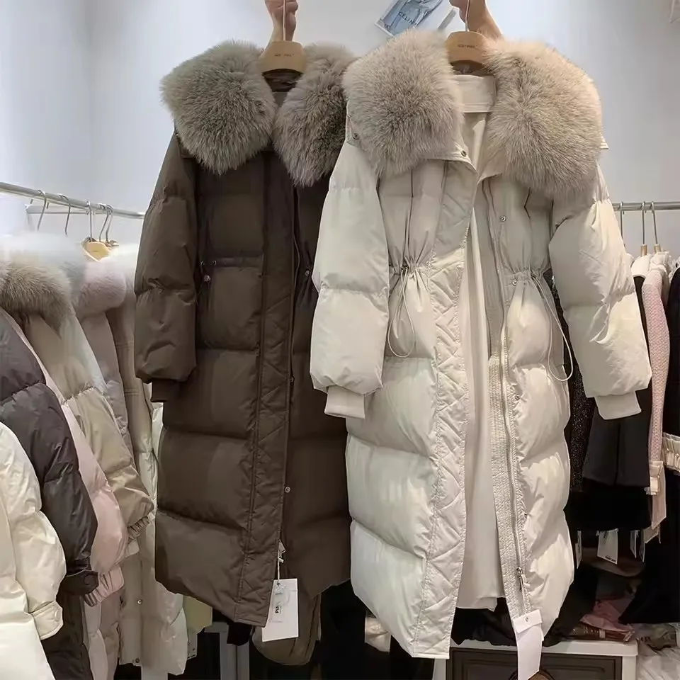 

​​2025 Winter Long Parkas Women's Down Cotton Overcoat Big Faux Fur Collar Cinched Waist Thicken Puffer Snow Jacket​​