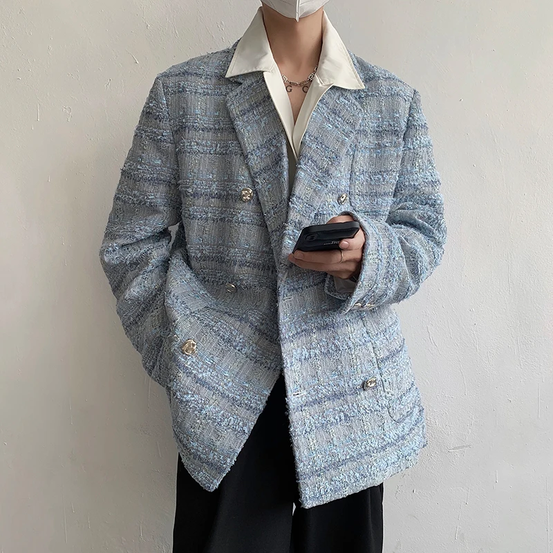 IEFB Double Breasted Men\'s Coat Loose Thickened Tweed Suit 2023 Spring Autumn Casual Korean Fashion Male Blazer 9A6778