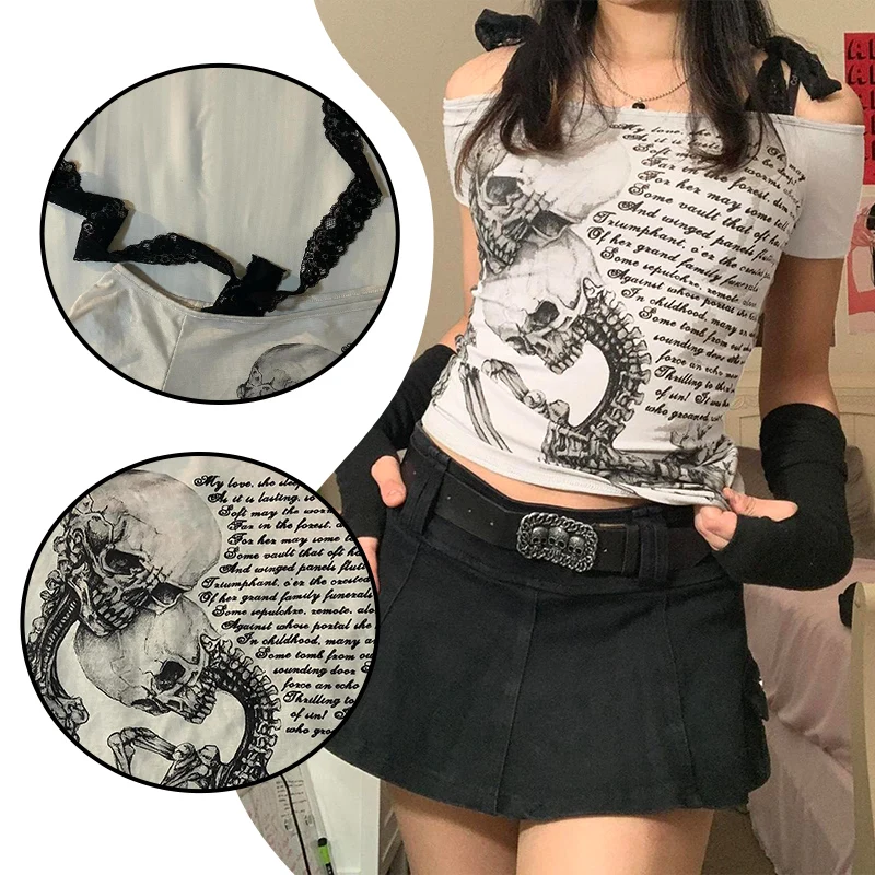 Women clothing arcane Retro stitch Skull Print Short-sleeved T-shirt Female Subculture Y2k Slim Lace-up Top Gothic Shoulder Tees