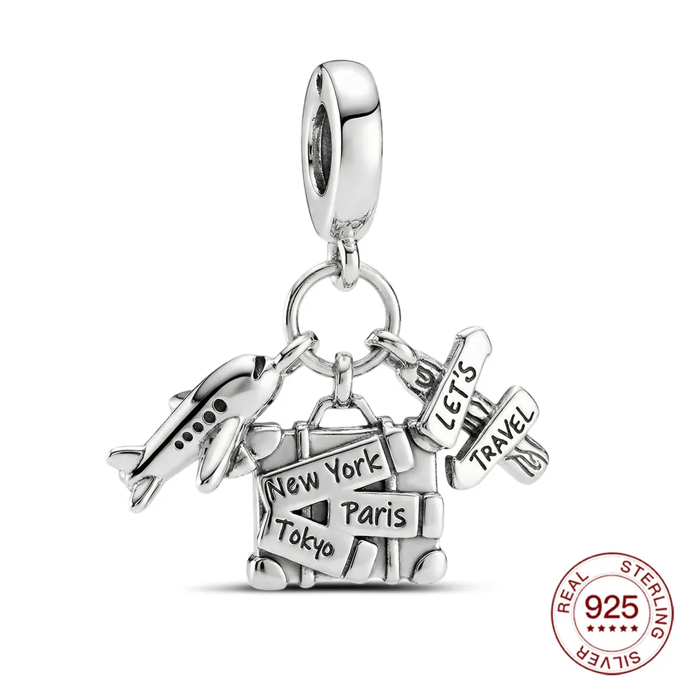 

925 Sterling Silver Travel Dangle Charms Suitcase City Road Signs Bead Fit Charm Bracelets Travel Lover Jewelry Gift For Women