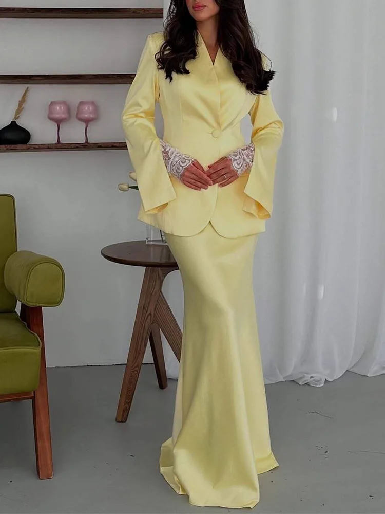Elegant Lady Bodycon Skirts Two Piece Casual Satin Lace Spliced Skirts Sets Fashion Solid Color Long Sleeve Blazer&Skirts Suits view 5