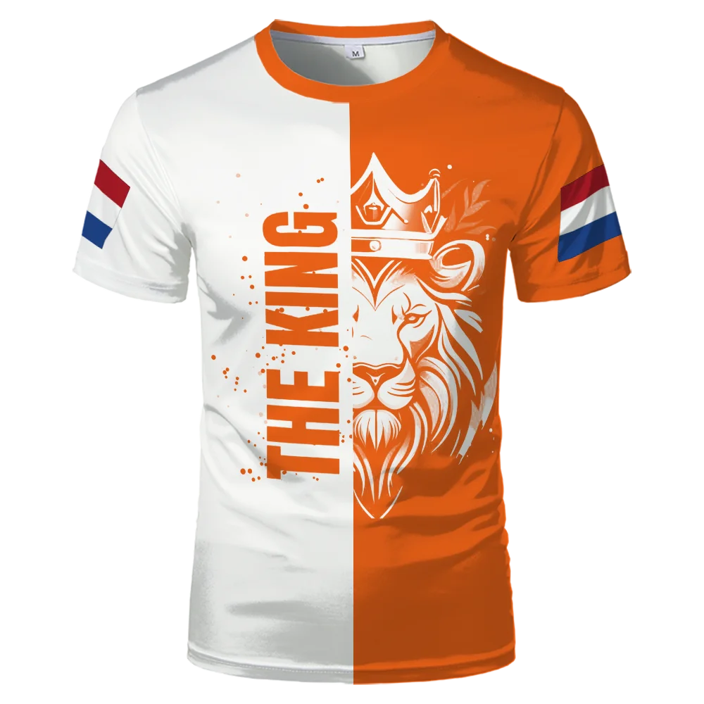 2026 Netherlands King Lion Soccer Art Fan Jersey Crew Neck Short Sleeve White Orange Split Flag Print Sports Tee for Adults Kids