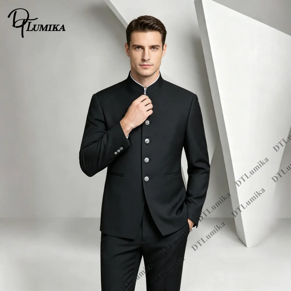 Crystal Button Two Piece Suit Set for Men Mandarin Collar Formal Suit 2 Piece Slim Fit Groom Outfit For Wedding Dinner Party