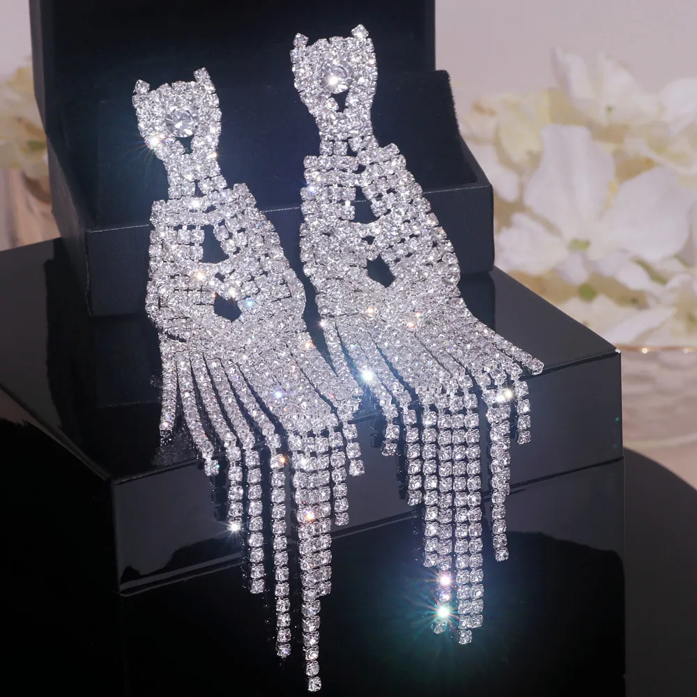 New Fashion Geometric Long Dangle Earrings for Women Shiny Full Rhinestone Tassel Drop Earring Brincos Party Wedding Jewelry