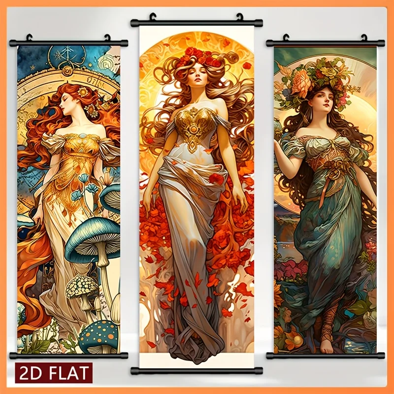 VIKAMA Classical Flower Goddess Scroll Tapestry, HD Fade Resistant Wall Hanging Scroll Art, Romantic Room Decor