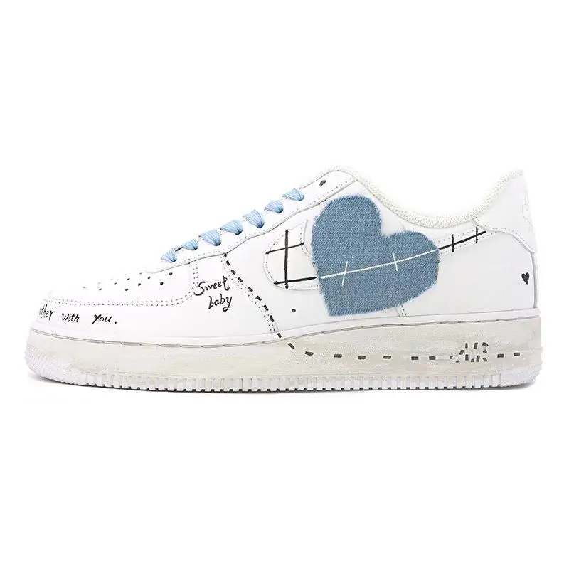 

[Custom Women's heart-shaped denim in white and blue]Nike Air Force 1 Skateboard Shoes Women's Low-Top White/Blue