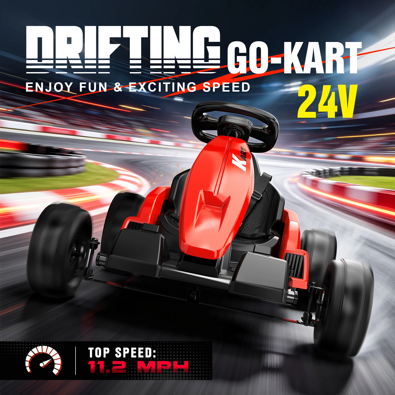 Go Kart Elettrico 24V, Veicolo da Drift, Auto Giocattolo per Esterni, Avvio con un Pulsante, Trazione Posteriore, Telaio Supercar, Cintura di Sicurezza a Due Punti