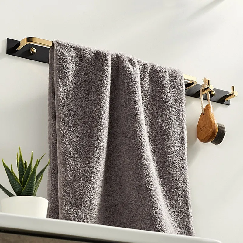 Tuqiu Gold Towel Hanger with Hooks Wall Mounted Towel Holder Black Towel Rack Bathroom Towel Bar Rail Total Brass Towel Ring